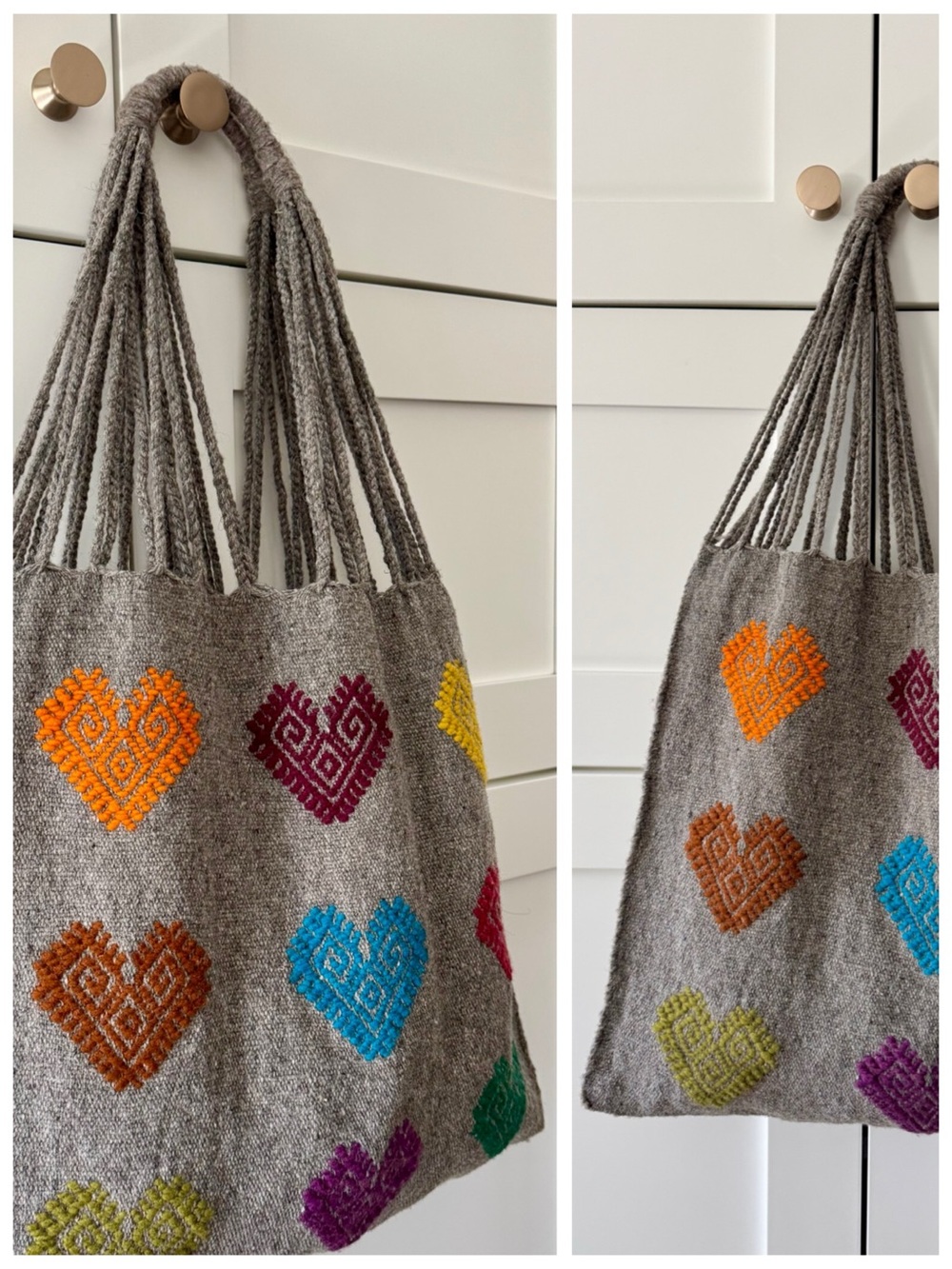 Mexican Handcrafted Grey Wool Knit Shoulder Tote, Woven Hearts Market Bag - Picture 5 of 17